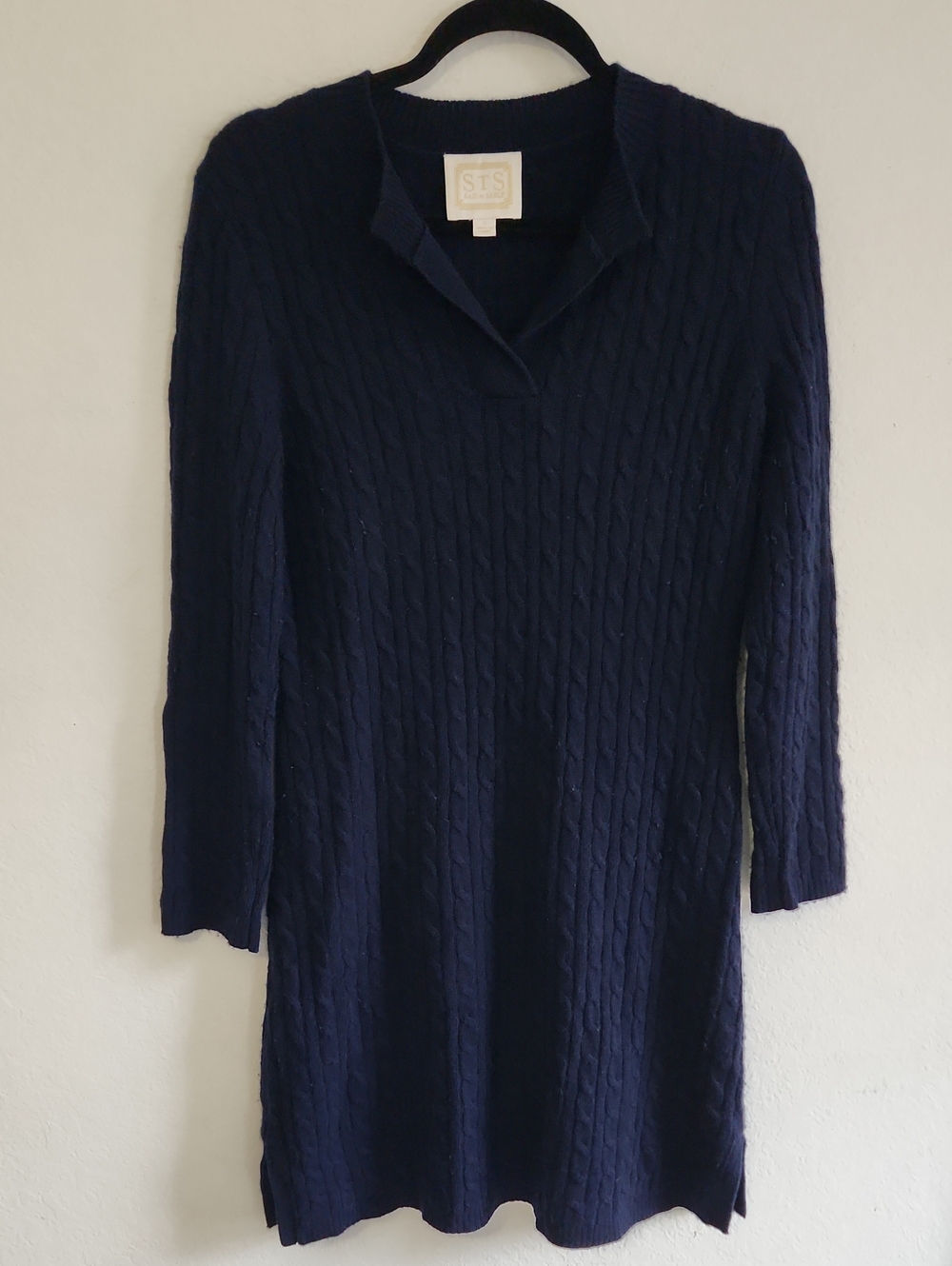 Sail to Sable Navy Wool Cashmere Cable Knit Tunic Sweater Dress S Preppy Luxury